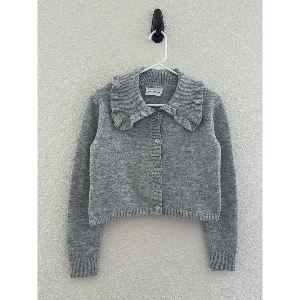 Self Contrast Grey Ruffle Collar Button Up Cardigan Sweater Boho Coquette XS